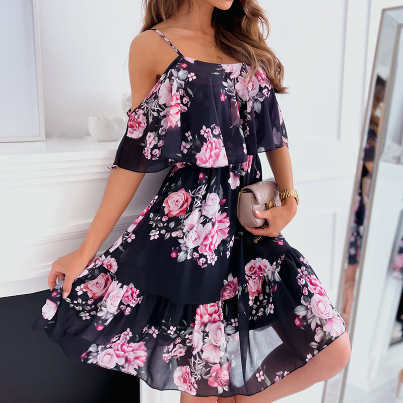 Vestido de Gasa Floral con Hombros Descubiertos