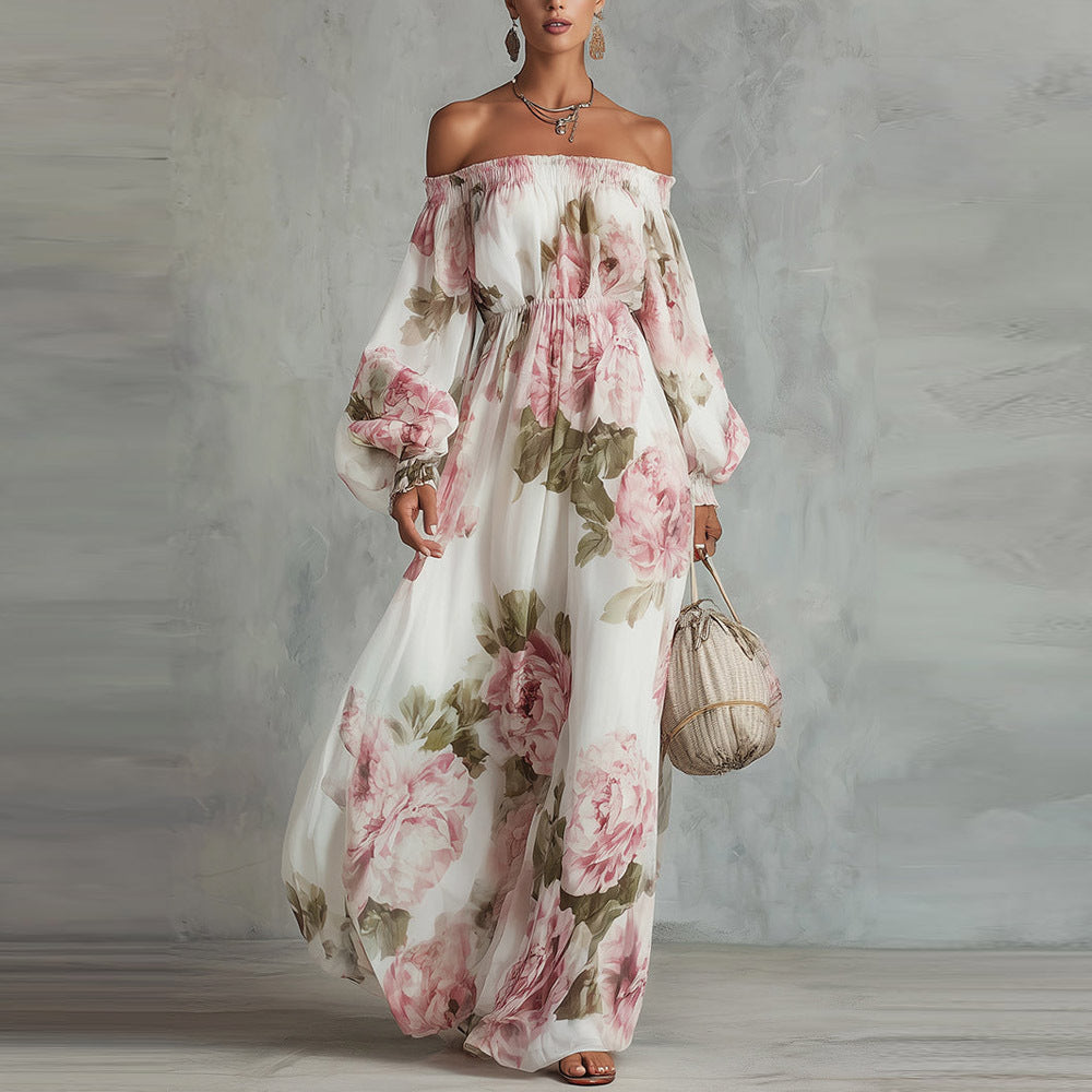 Vestido Largo Floral con Un Hombro y Manga Farol