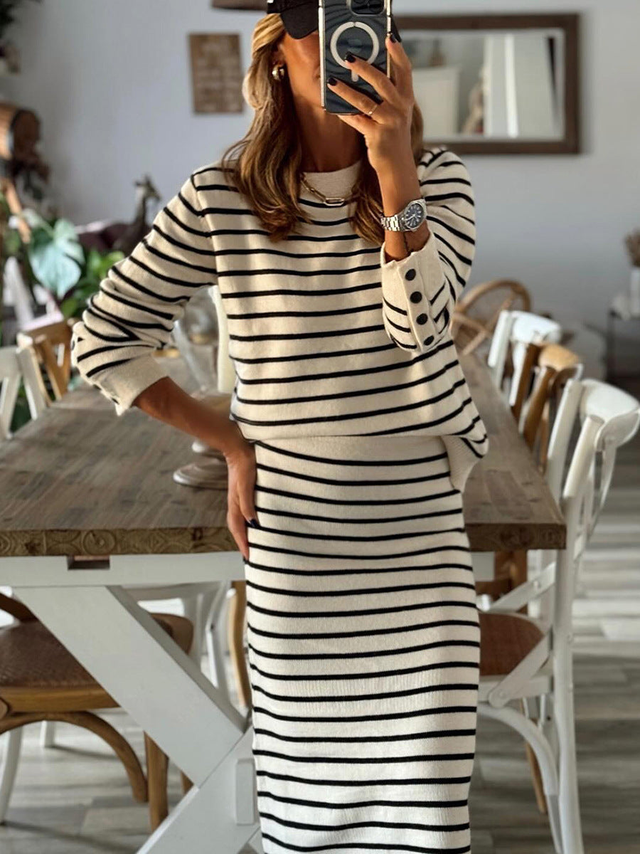 Conjunto de Camisa de Rayas y Falda Larga