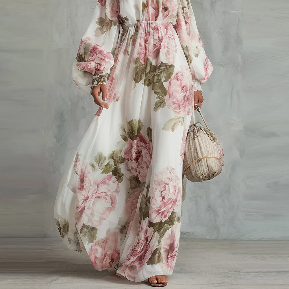 Vestido Largo Floral con Un Hombro y Manga Farol