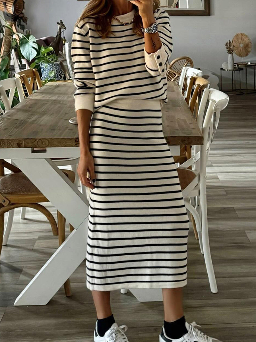 Conjunto de Camisa de Rayas y Falda Larga
