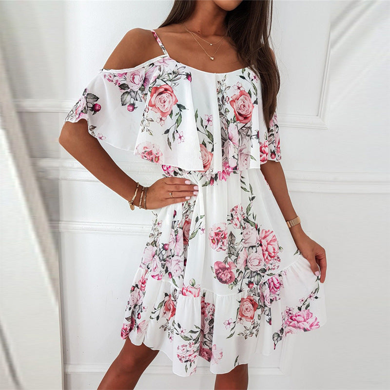 Vestido de Gasa Floral con Hombros Descubiertos