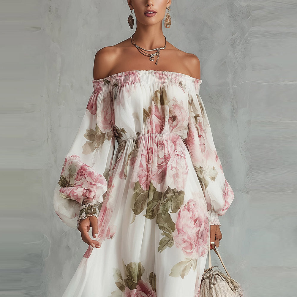 Vestido Largo Floral con Un Hombro y Manga Farol