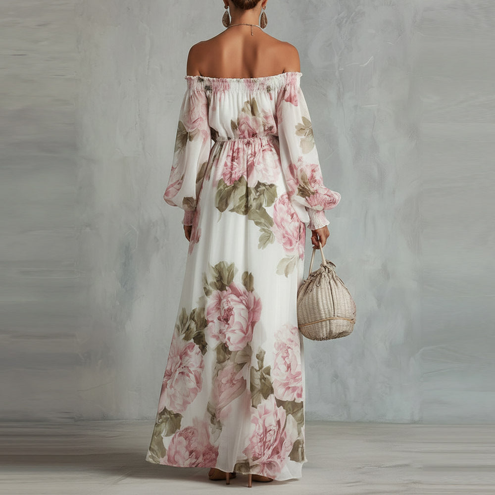 Vestido Largo Floral con Un Hombro y Manga Farol