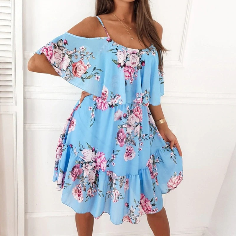 Vestido de Gasa Floral con Hombros Descubiertos
